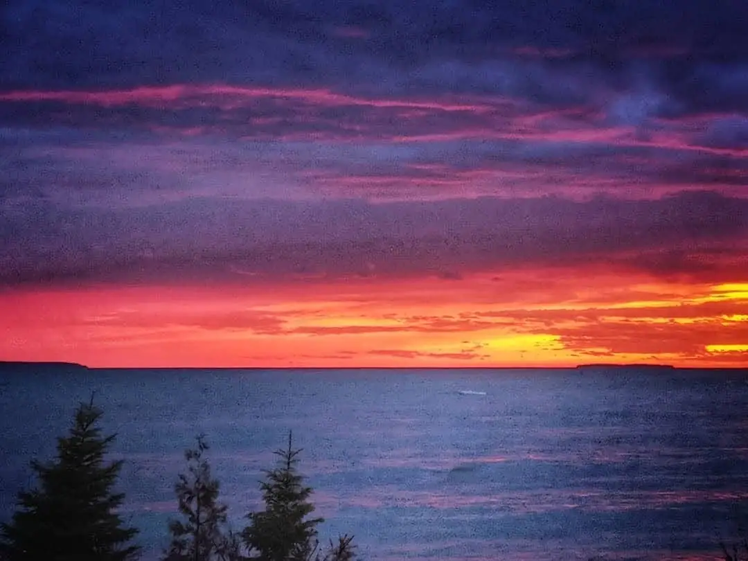 A vivid sunset glows over rippled water, with silhouetted evergreen trees in the foreground.