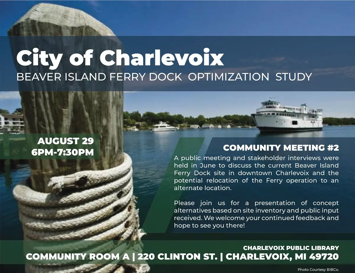 Promotional poster showing a ferry, waterfront, mooring post, and details for a community meeting.