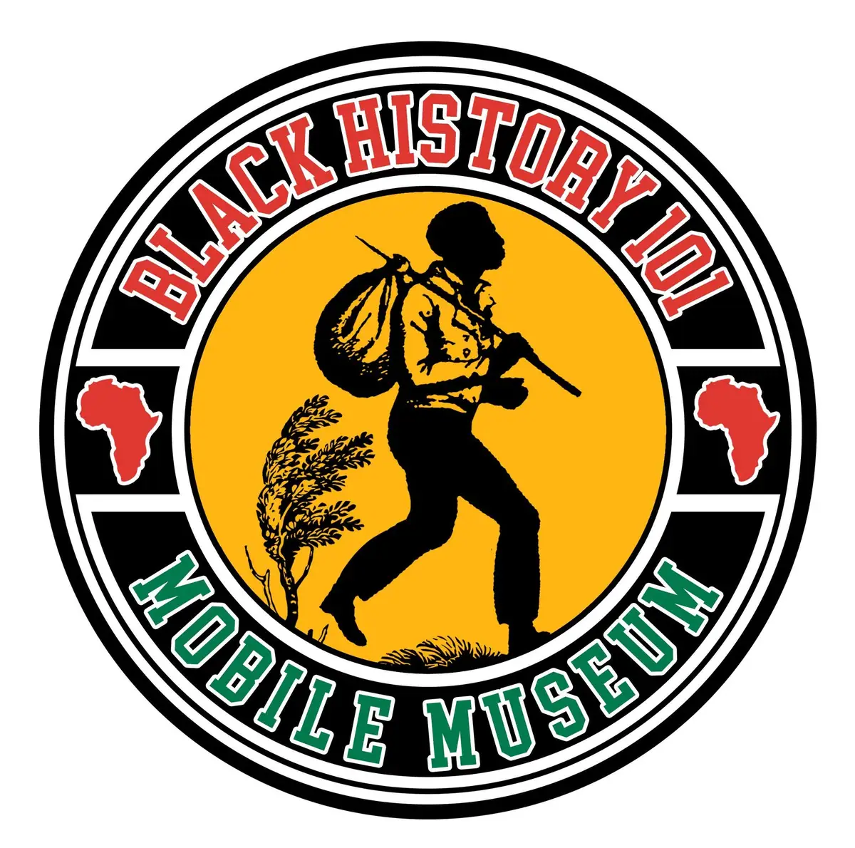 Circular emblem showing a silhouetted figure carrying a bundle and rifle, with text reading “BLACK HISTORY 101 MOBILE MUSEUM.”