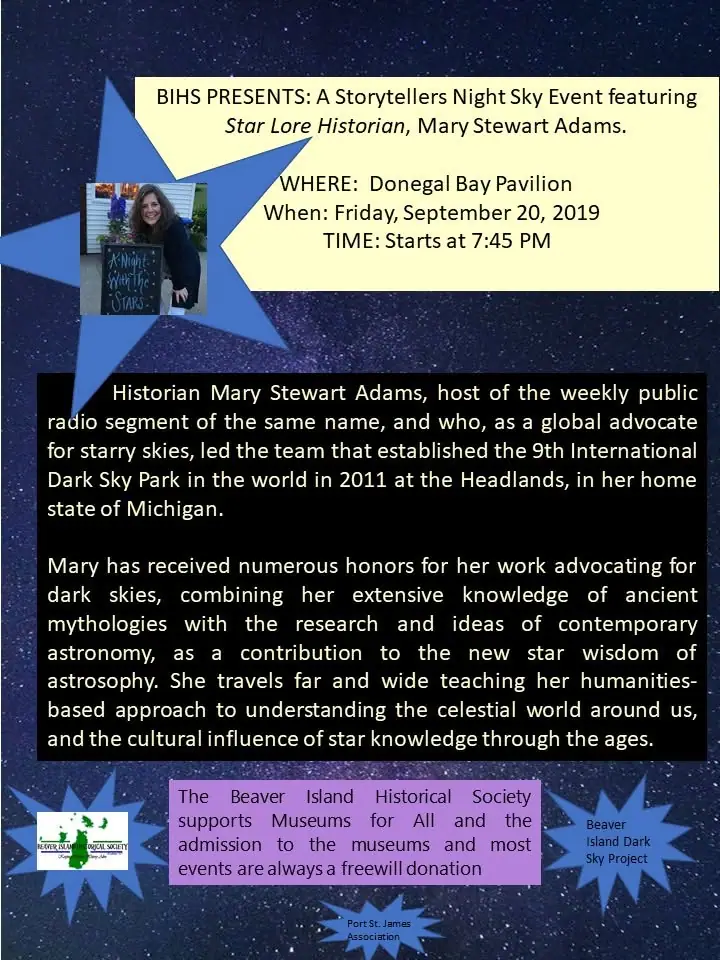 Starry-sky event poster with a portrait inset and extensive event text against a star field.