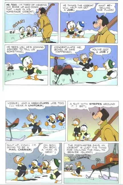 A colorful comic page shows ducks and a man discussing a motorized ice vehicle in a snowy setting.