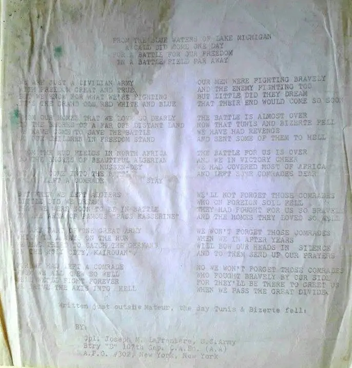A wrinkled sheet displays a faintly typed wartime poem in two columns with an attribution at the bottom.