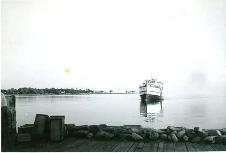 A ferry approaches a rocky-edged wooden dock, with a tree-lined shore visible across calm water.