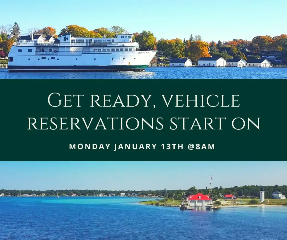 Promotional graphic showing a white ferry and waterfront scenes with a vehicle-reservation announcement.