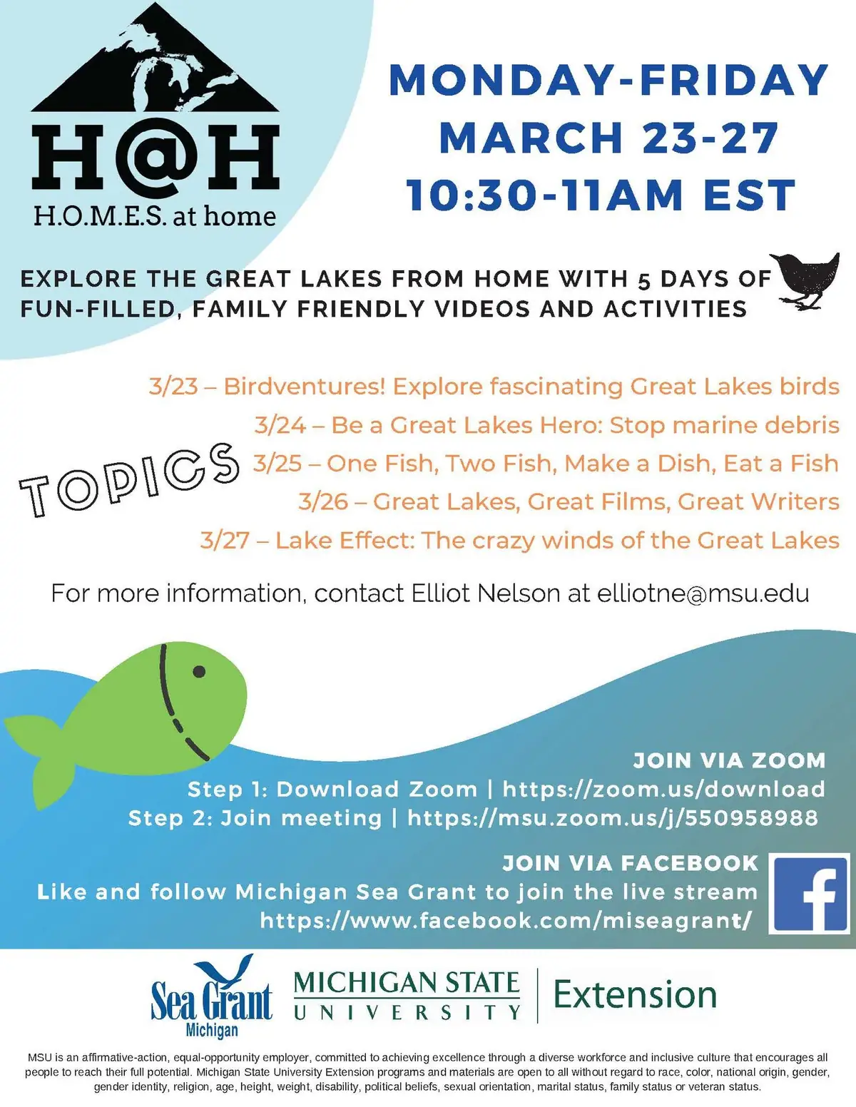 Illustrated flyer advertising a five-day series of family-friendly online activities about the Great Lakes.