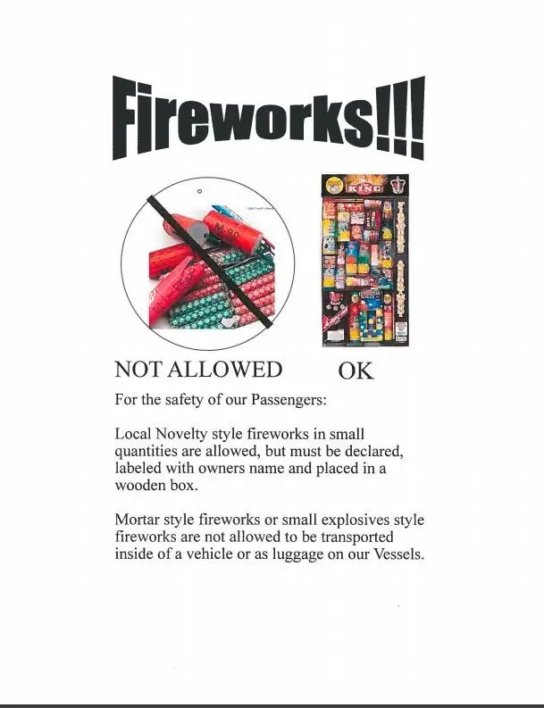 Fireworks safety notice showing prohibited mortar-style fireworks and permitted novelty fireworks.