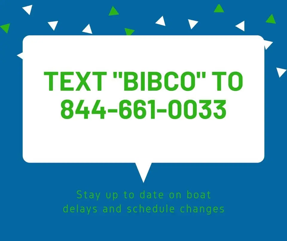 Promotional graphic with a text-club phone number and updates about boat delays and schedule changes.