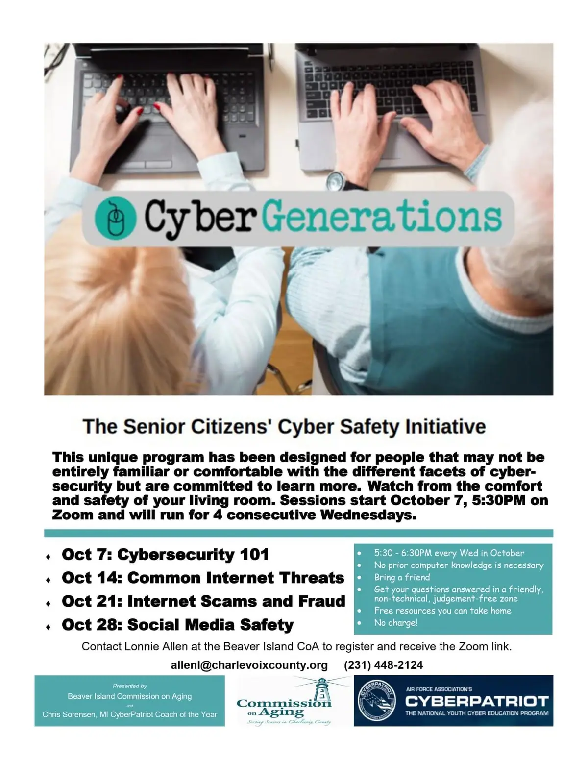 Program flyer showing two people using laptops and advertising a cyber-safety class series.