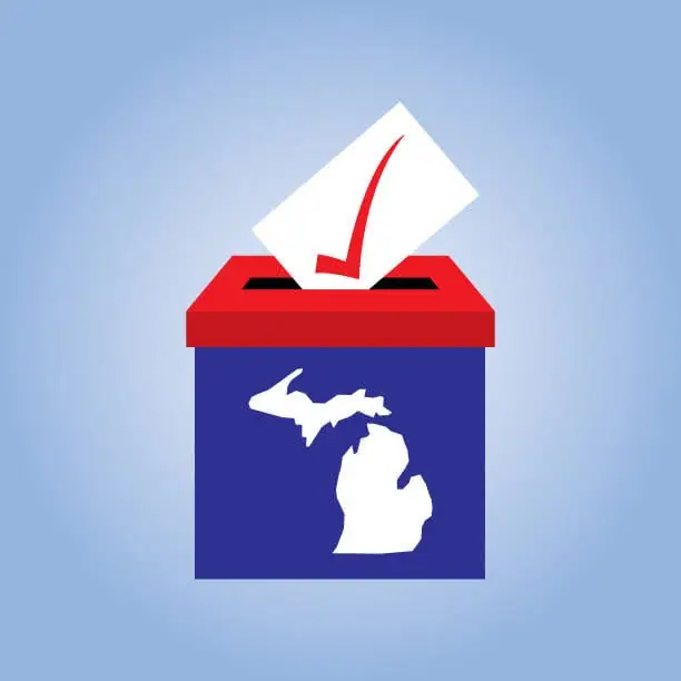 Illustration of a ballot entering a red-and-blue ballot box bearing a white state-shaped silhouette.