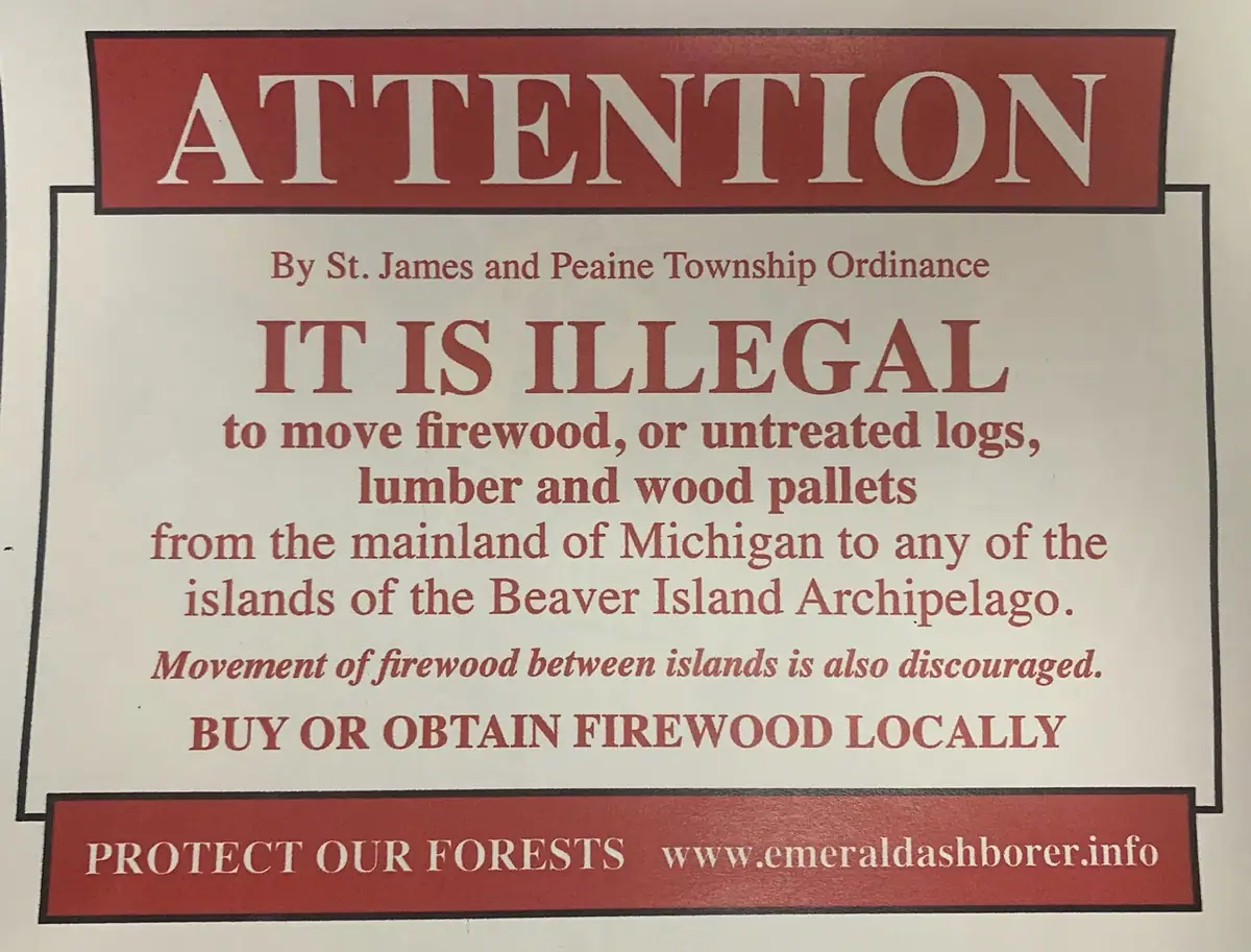 Photograph of a red-and-white notice prohibiting the transport of firewood and untreated wood materials.