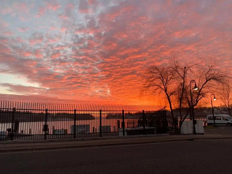 A vivid sunset glows over the water behind a waterfront fence, leafless trees, and streetlamps.
