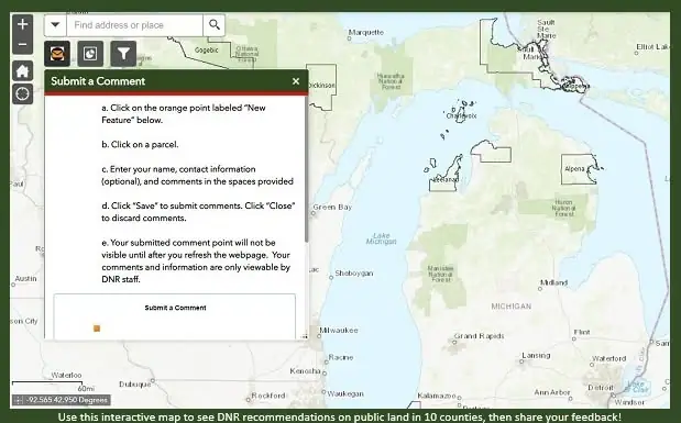 Screenshot of an interactive public-land map with a “Submit a Comment” instruction panel.