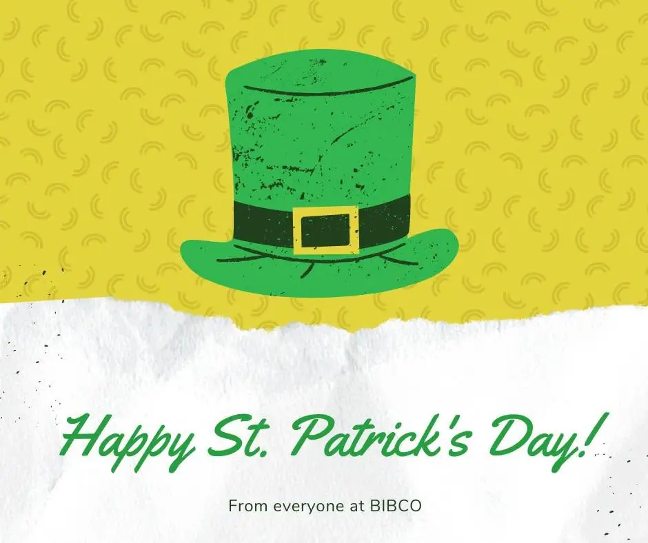Illustrated green hat above a torn-paper panel bearing a St. Patrick’s Day greeting.