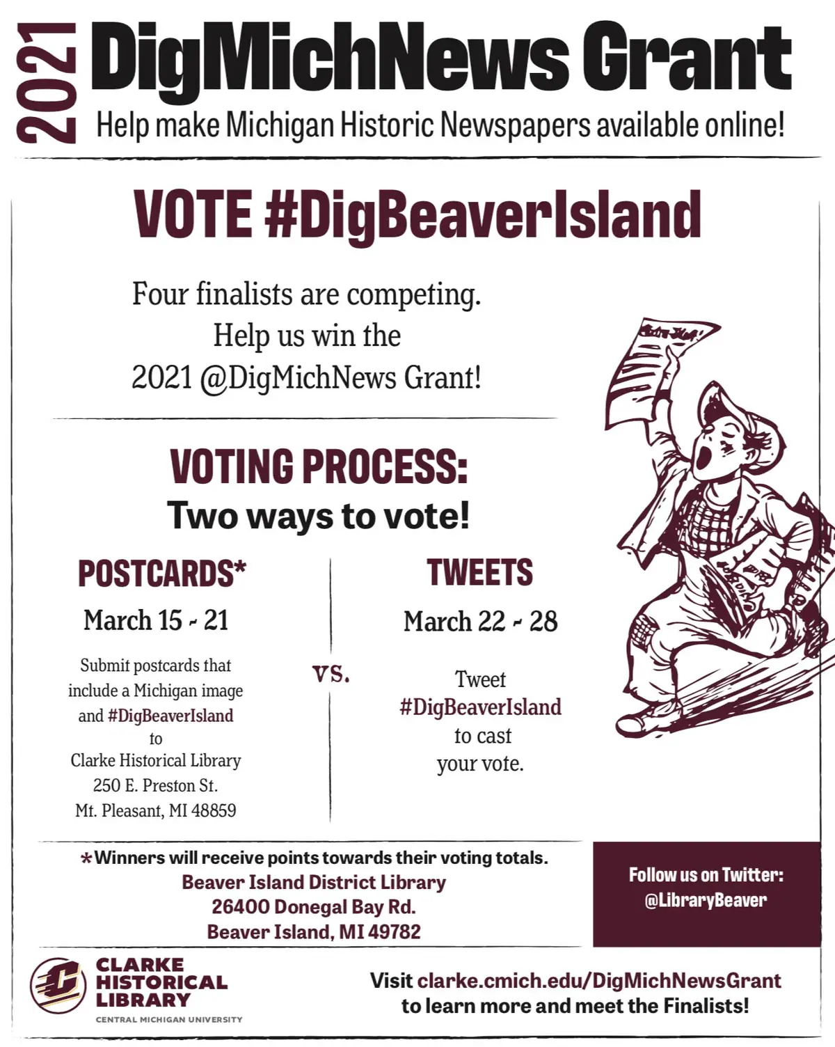 Promotional flyer with voting instructions, bold typography, and a child reading a newspaper.