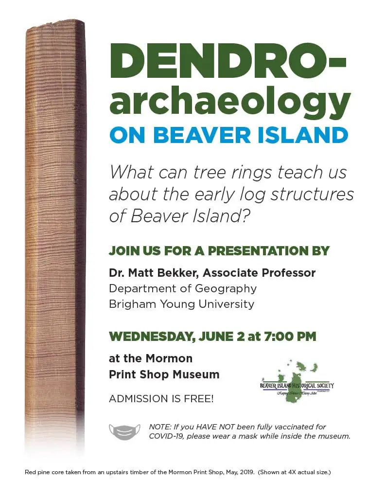 Event poster about dendroarchaeology and tree rings, with a tall red pine core image and presentation details.