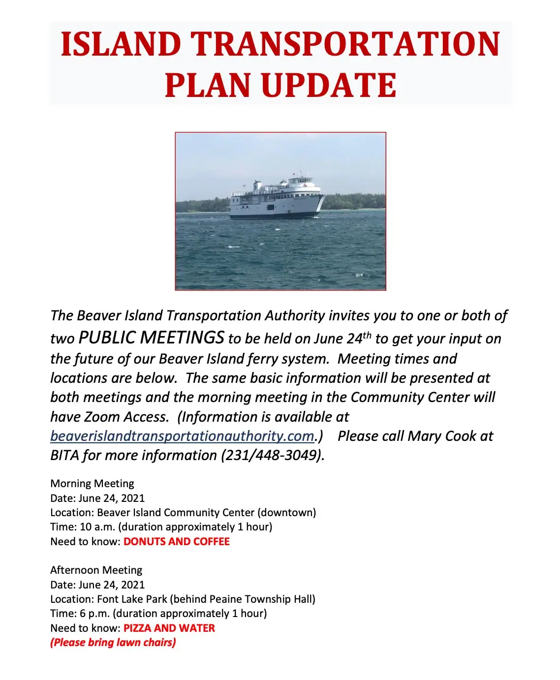 A public-meeting flyer with a ferry photograph and details about transportation planning meetings.