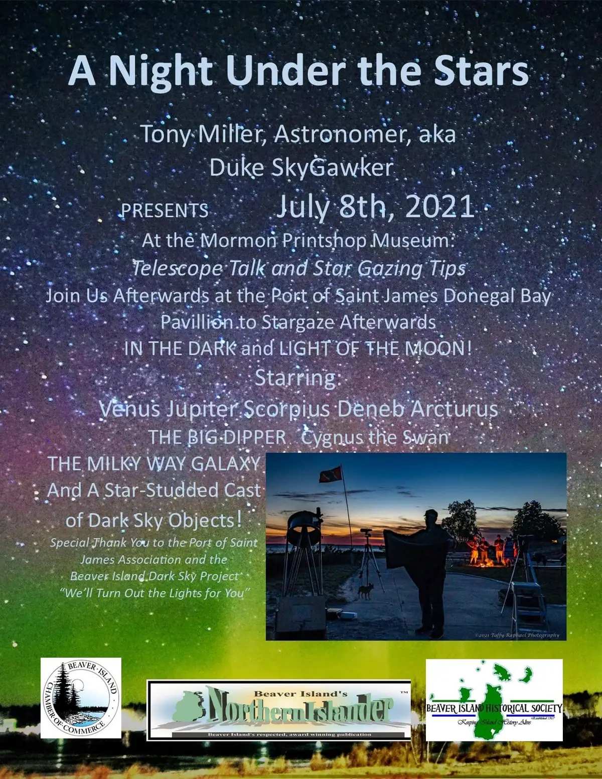 Promotional astronomy poster with a starry background, telescopes, and an inset sunset stargazing scene.