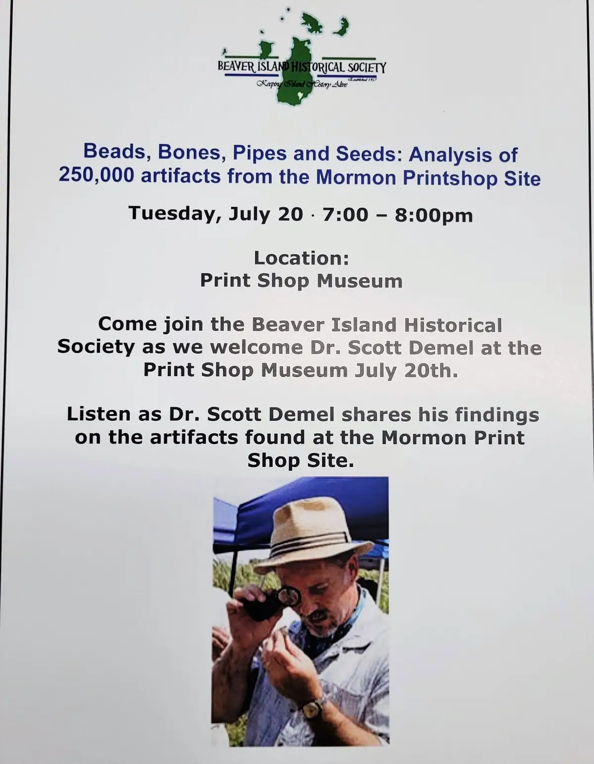 Printed event poster announcing a lecture about artifacts from a printshop archaeological site, with a portrait of a man examining an object.