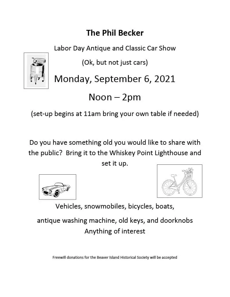 Event poster with text and line drawings of a washing machine, classic car, and bicycle.