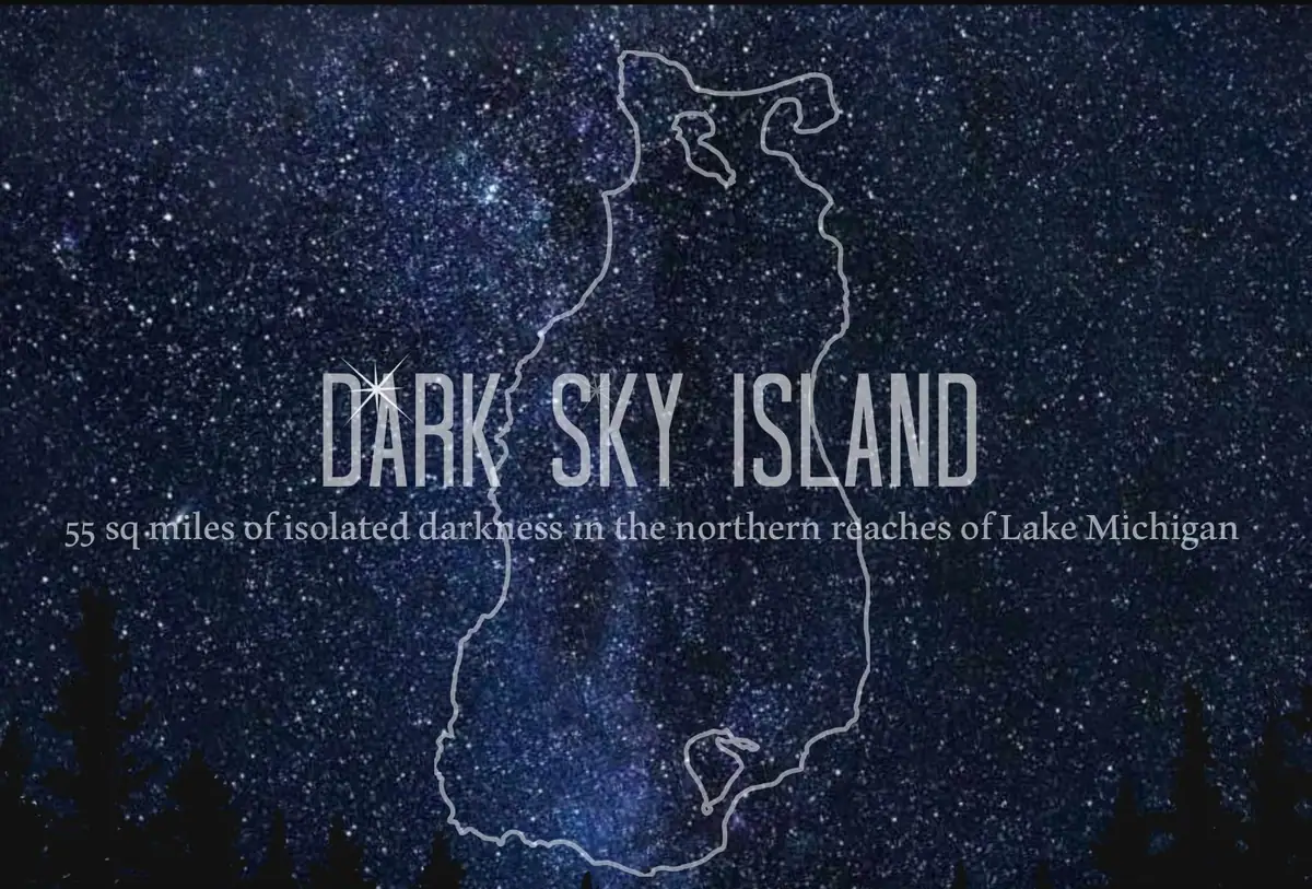 Promotional graphic with a white outline map against a star-filled night sky and silhouetted trees.