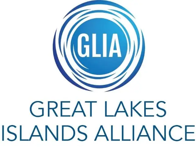 Blue circular emblem with GLIA lettering and the words GREAT LAKES ISLANDS ALLIANCE.