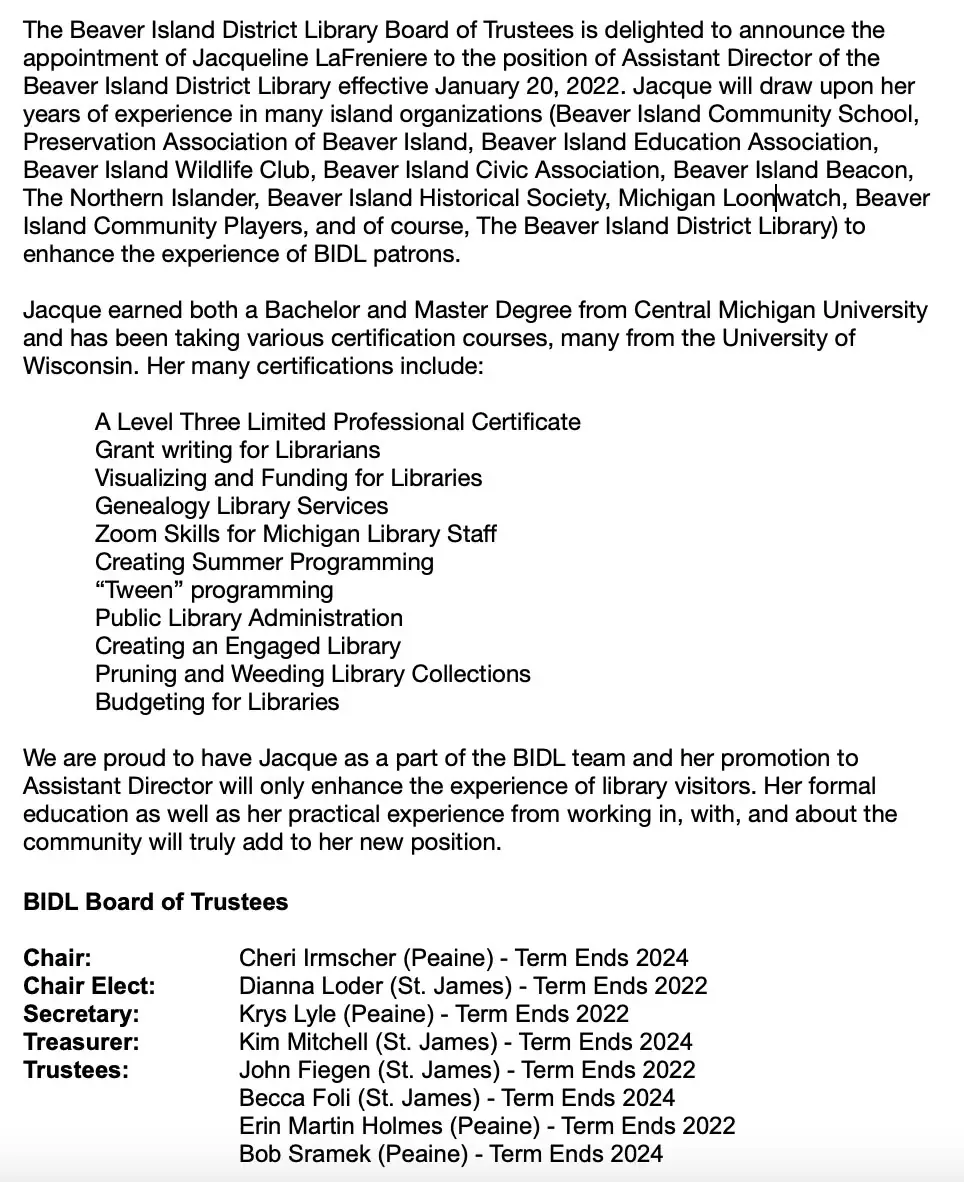 A printed announcement page describes a library staff appointment, qualifications, and board members.