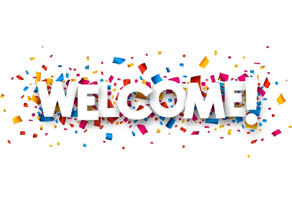 A colorful celebratory graphic displays the word “WELCOME!” amid scattered confetti.