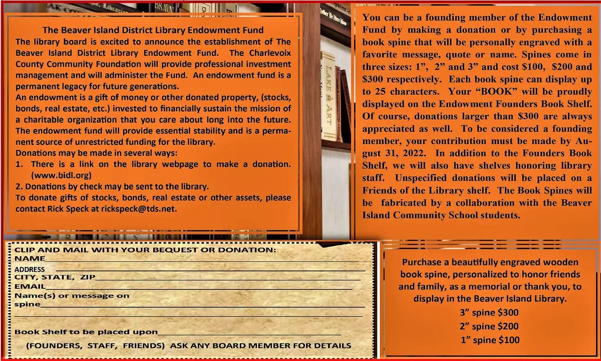 Orange fundraising flyer with donation information, an order form, and a photograph of bookshelves in the background.