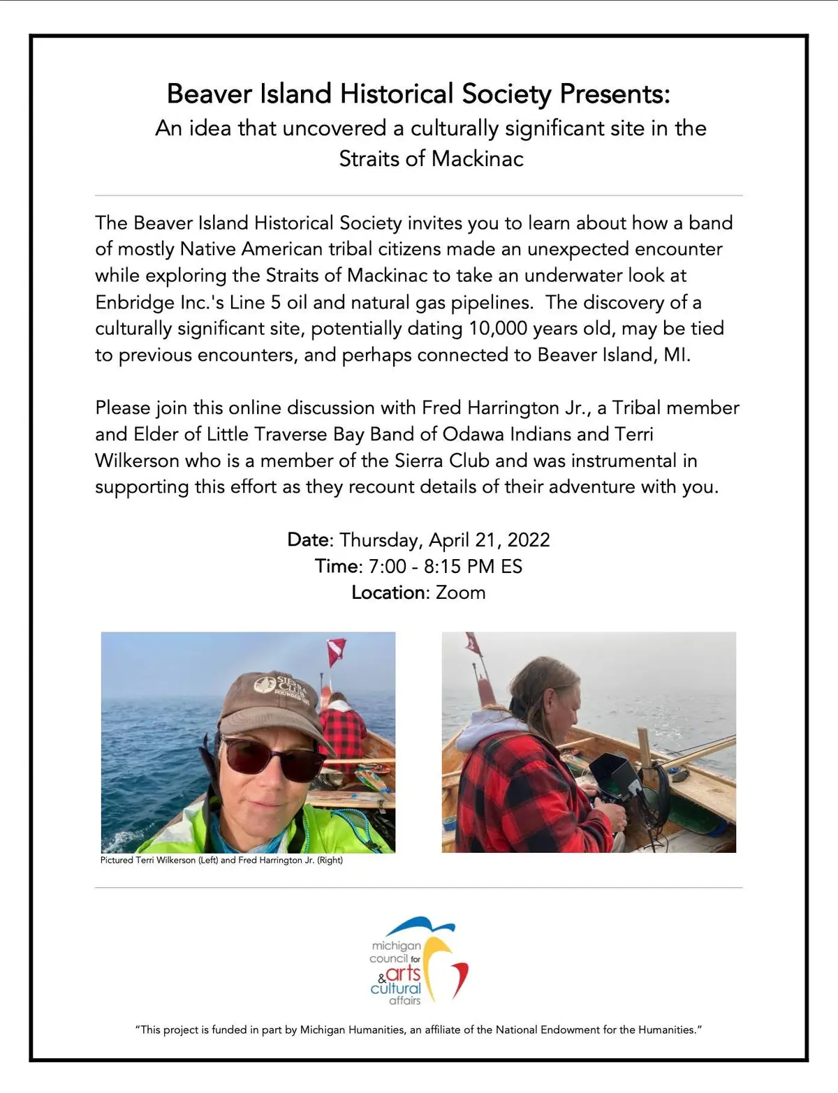 Event flyer with discussion text and two photographs of people aboard a boat.