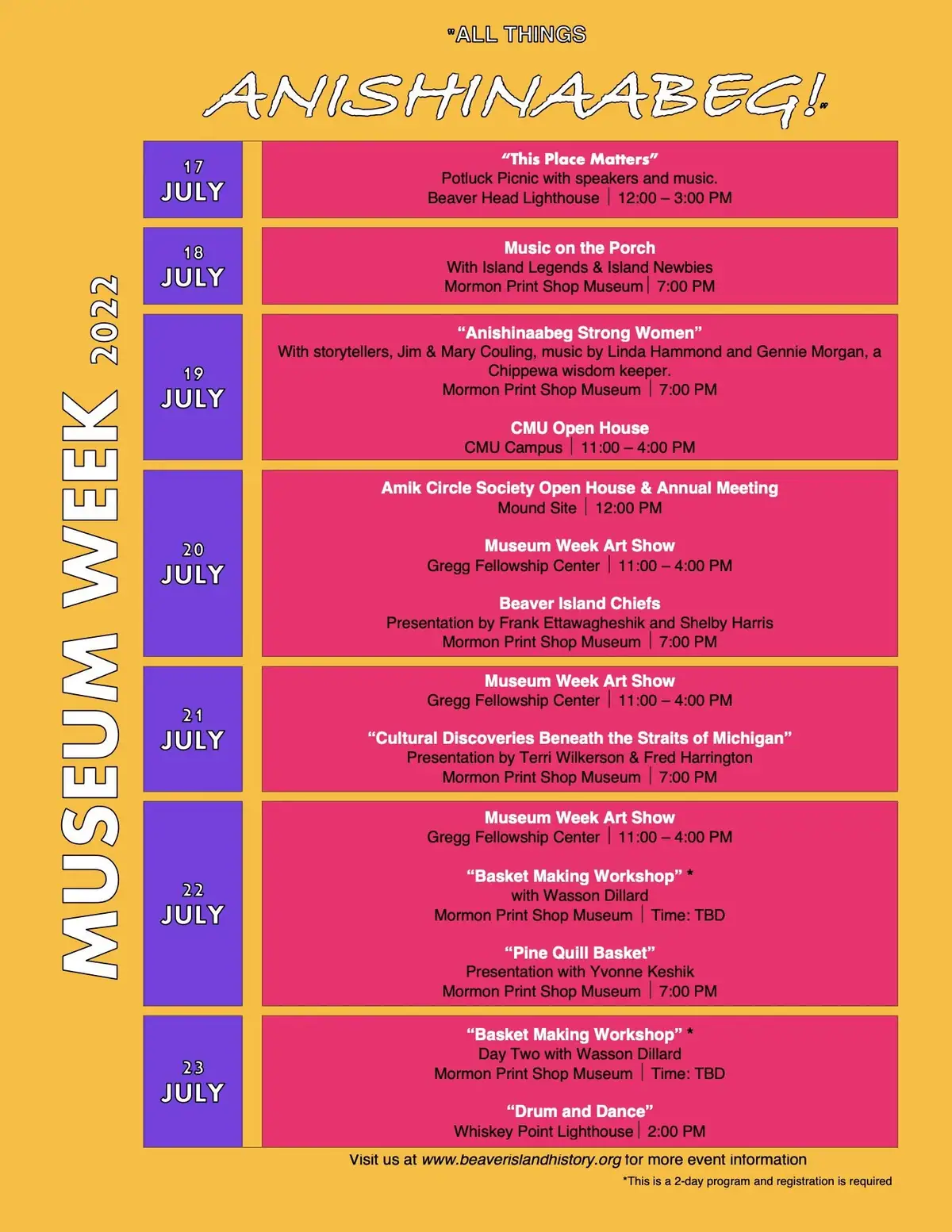 Colorful event poster advertising a week of cultural programs, talks, music, art, and workshops.