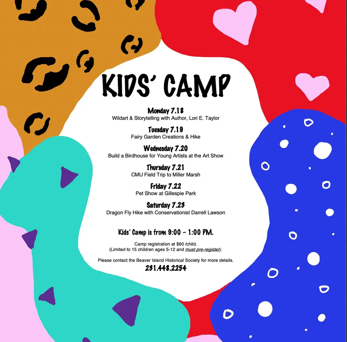 Colorful illustrated poster advertising a children's camp with a daily schedule, registration details, and contact number.