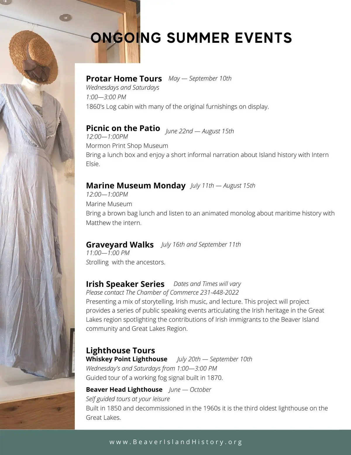 Event poster listing summer tours, talks, walks, and museum programs beside a mannequin in historic clothing.