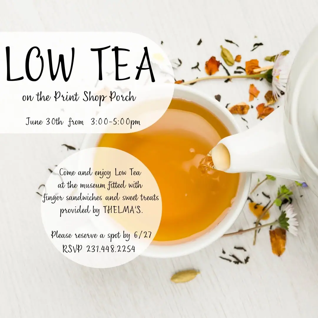 Event invitation graphic featuring a cup of tea, teapot, scattered tea leaves, and refreshments text.