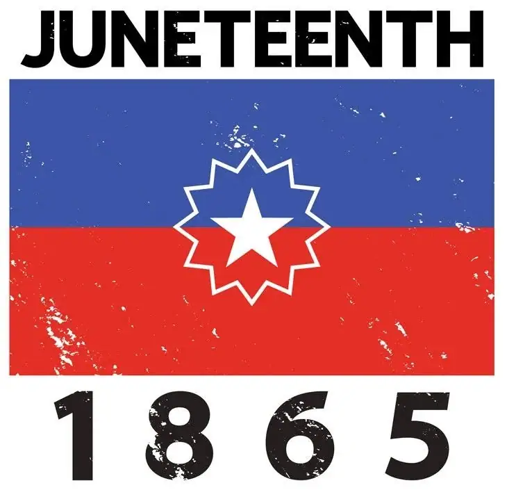 Graphic poster with the word “JUNETEENTH,” a blue-and-red flag design, a white star, and the number 1865.
