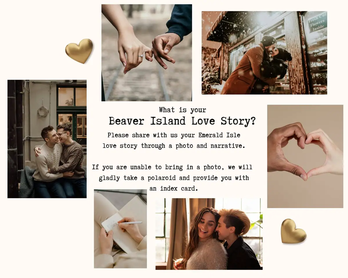 Promotional collage with romantic couples, clasped hands, heart icons, and a central invitation to share a love story.
