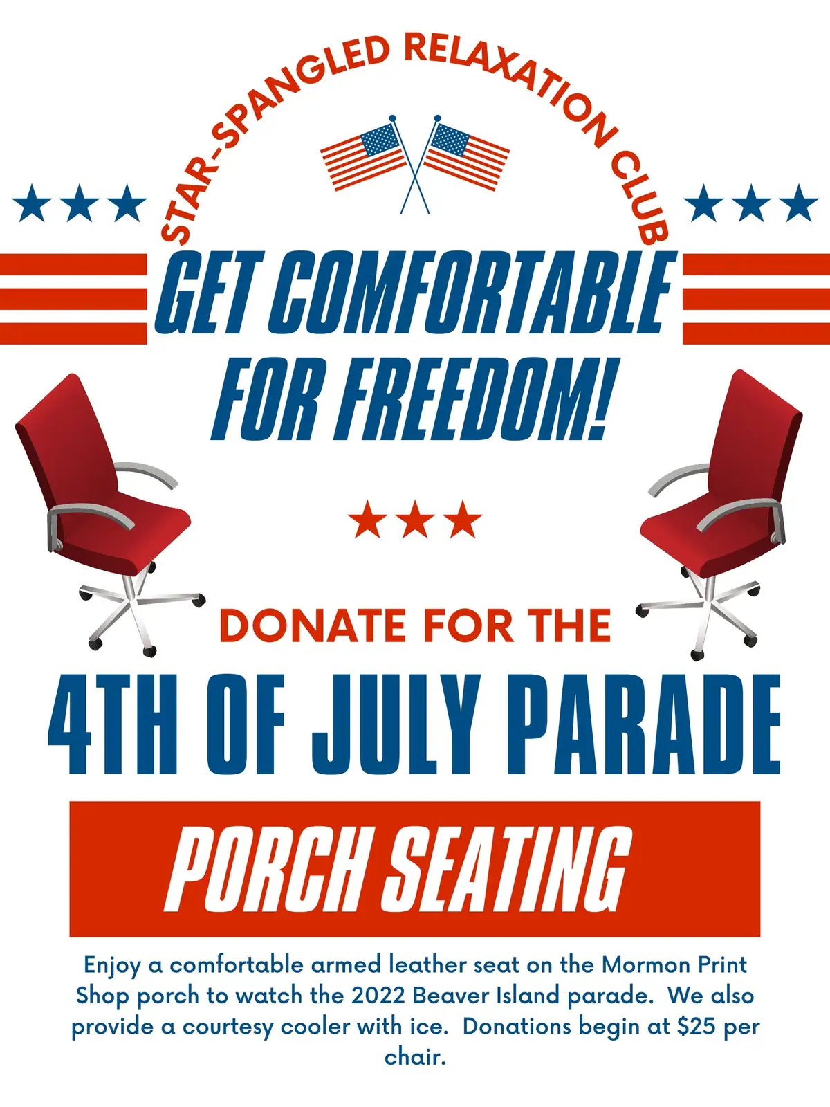 Illustrated patriotic poster advertising porch seating and donations for a Fourth of July parade.