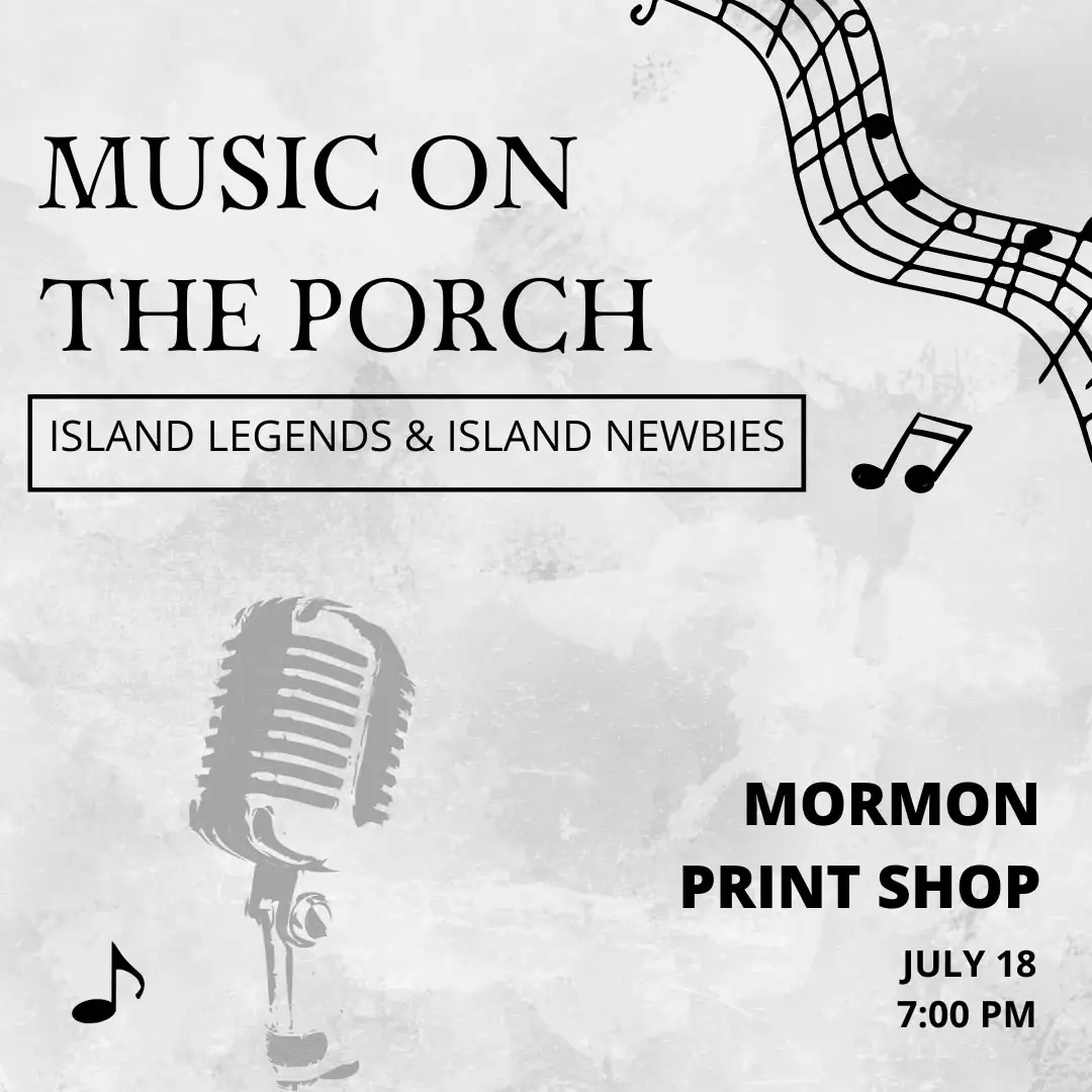 Monochrome concert poster with a vintage microphone, musical notes, and event details.