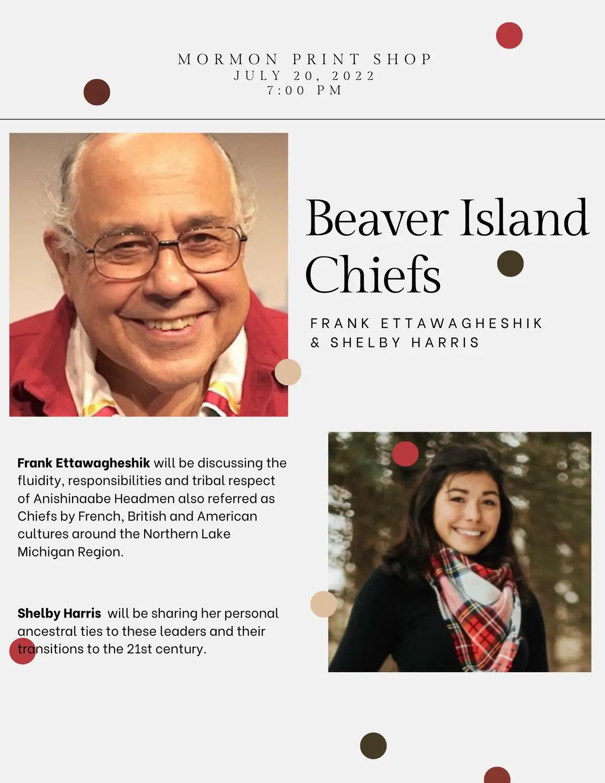 Promotional poster with two portrait photographs, event text, and decorative colored dots.