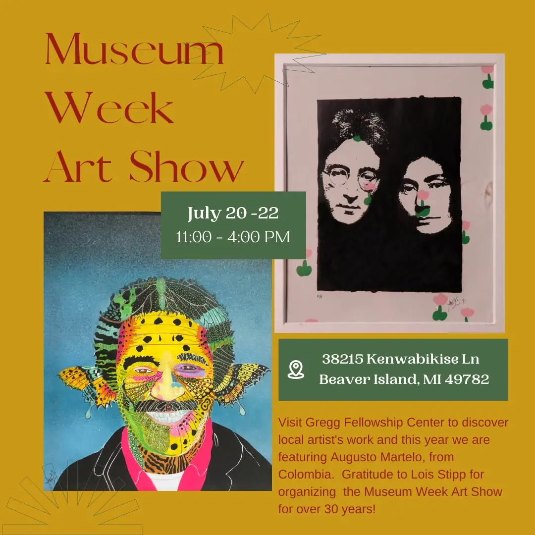 Promotional art-show poster with two portrait artworks and large event lettering.