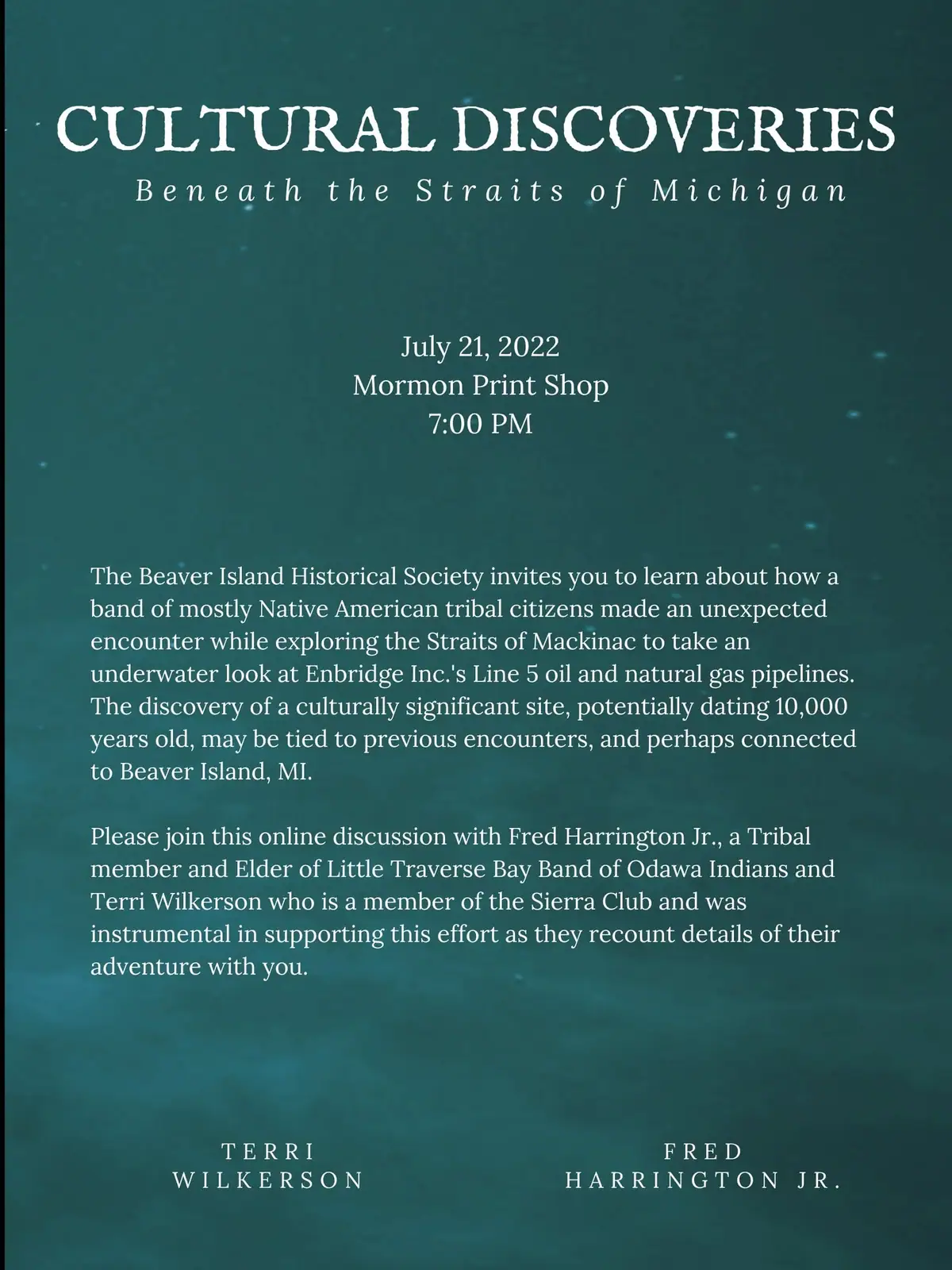 Event poster advertising a cultural discoveries program about underwater exploration and pipelines.