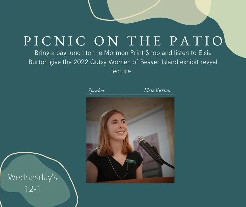 Event poster with a portrait of a woman speaking into a microphone.