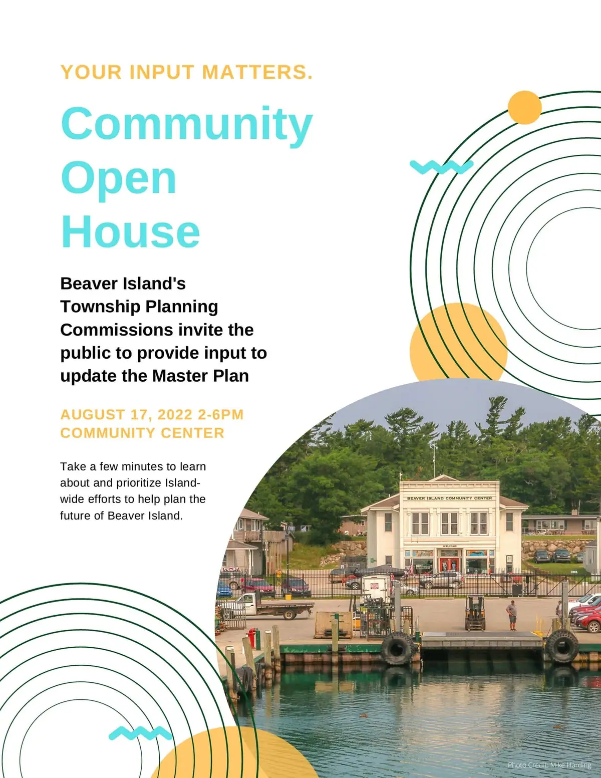 Promotional flyer with event text and a waterfront community-center photograph.