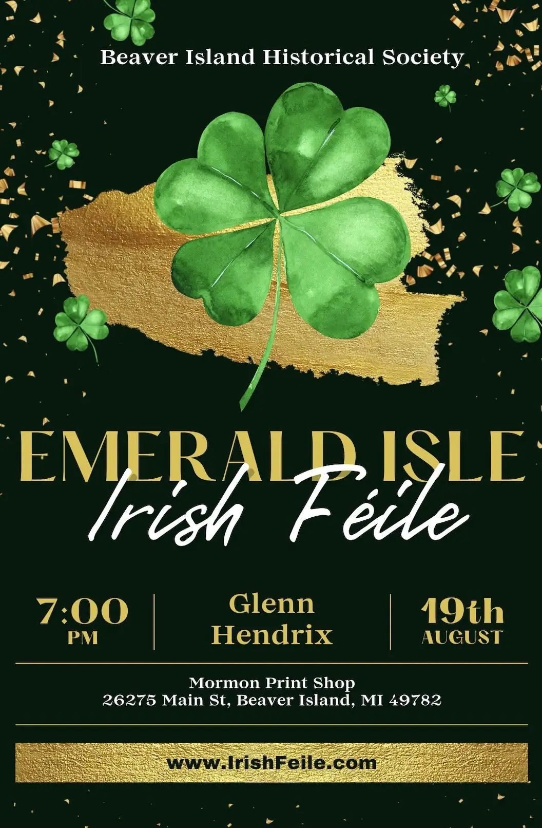 Decorative event poster with shamrocks, gold accents, and lettering for an Irish music celebration.