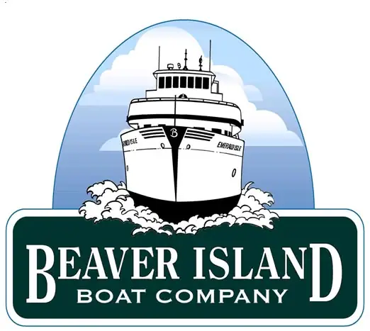 Illustrated ferry logo showing a bow-on vessel above a dark green company sign.