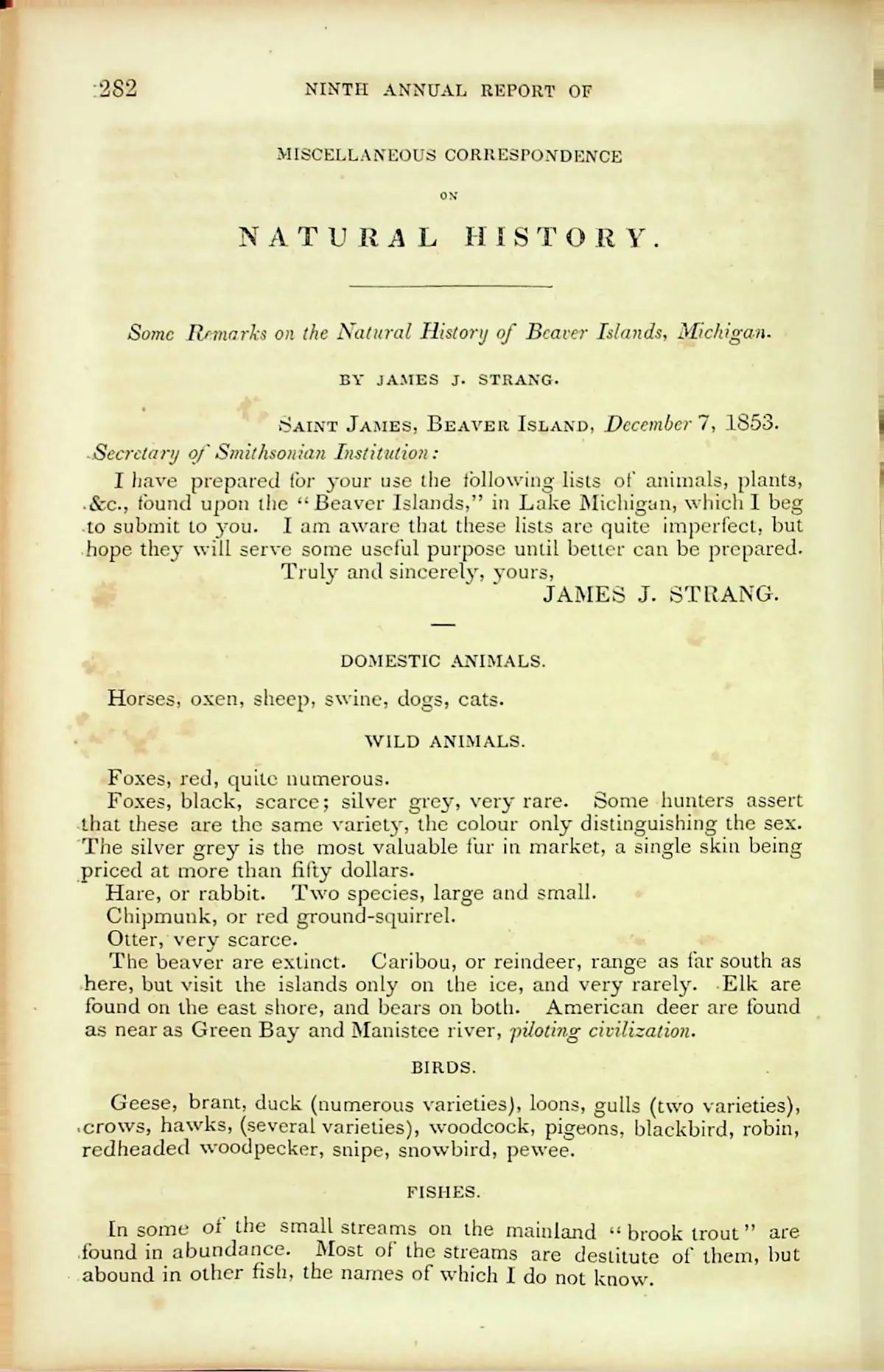 A scanned printed page headed “Miscellaneous Correspondence on Natural History,” with lists of animals, birds, and fishes.