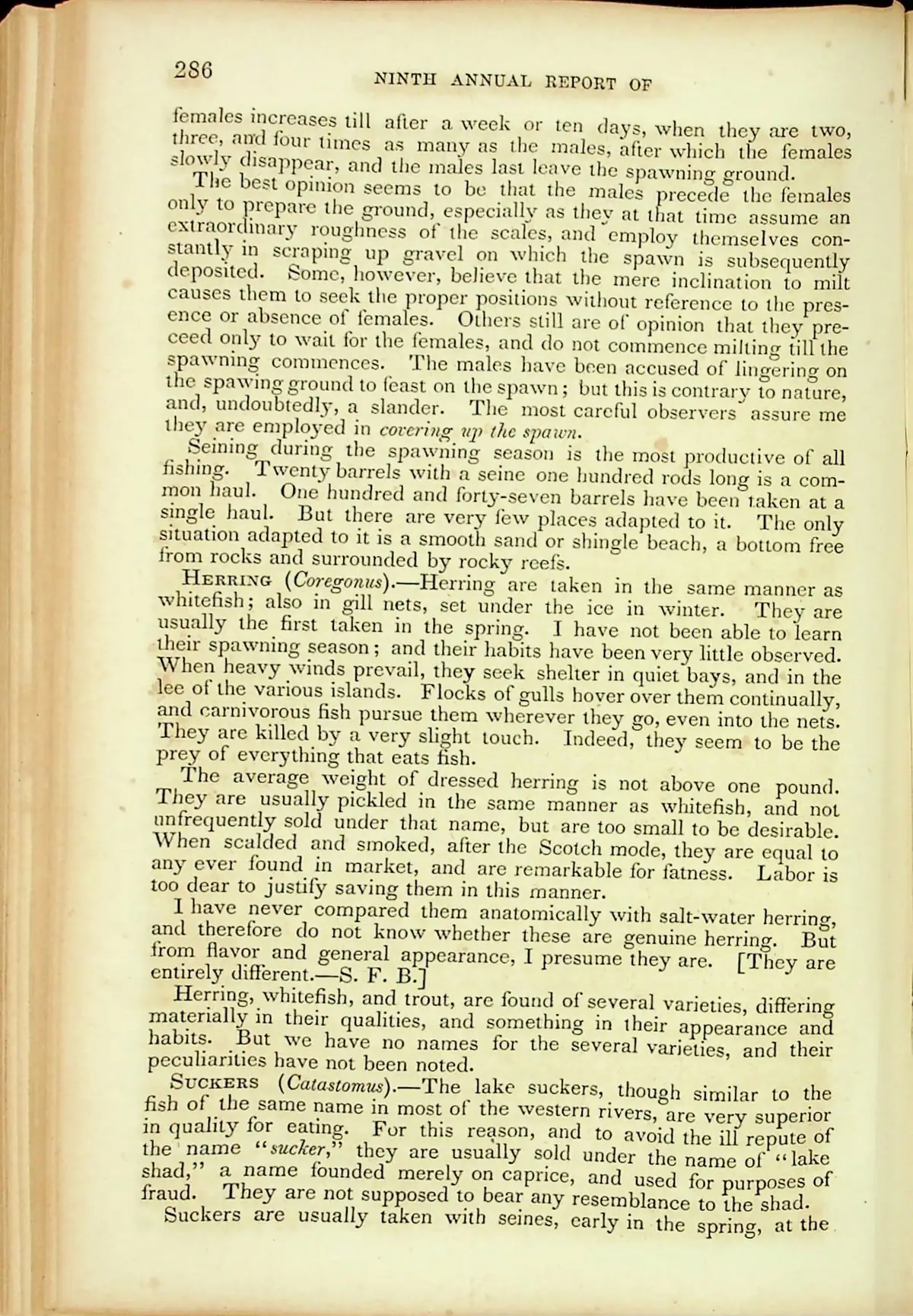 A scanned book page discusses fish spawning, herring, suckers, and fishing methods.
