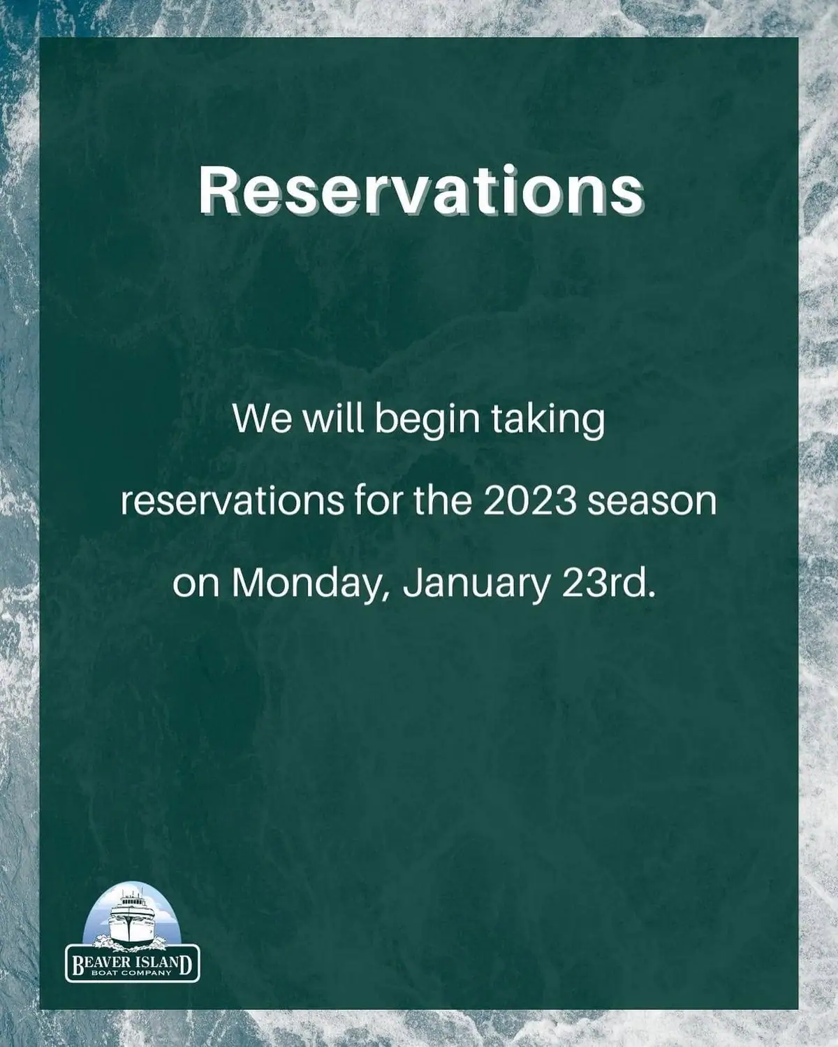 A reservation announcement graphic with white lettering on a dark green background and a small boat logo.
