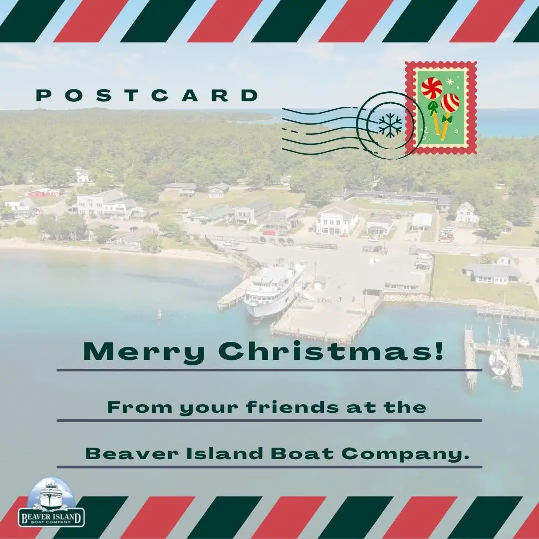 Holiday postcard graphic with an aerial waterfront view, a ferry, a postage stamp, and Christmas greetings.