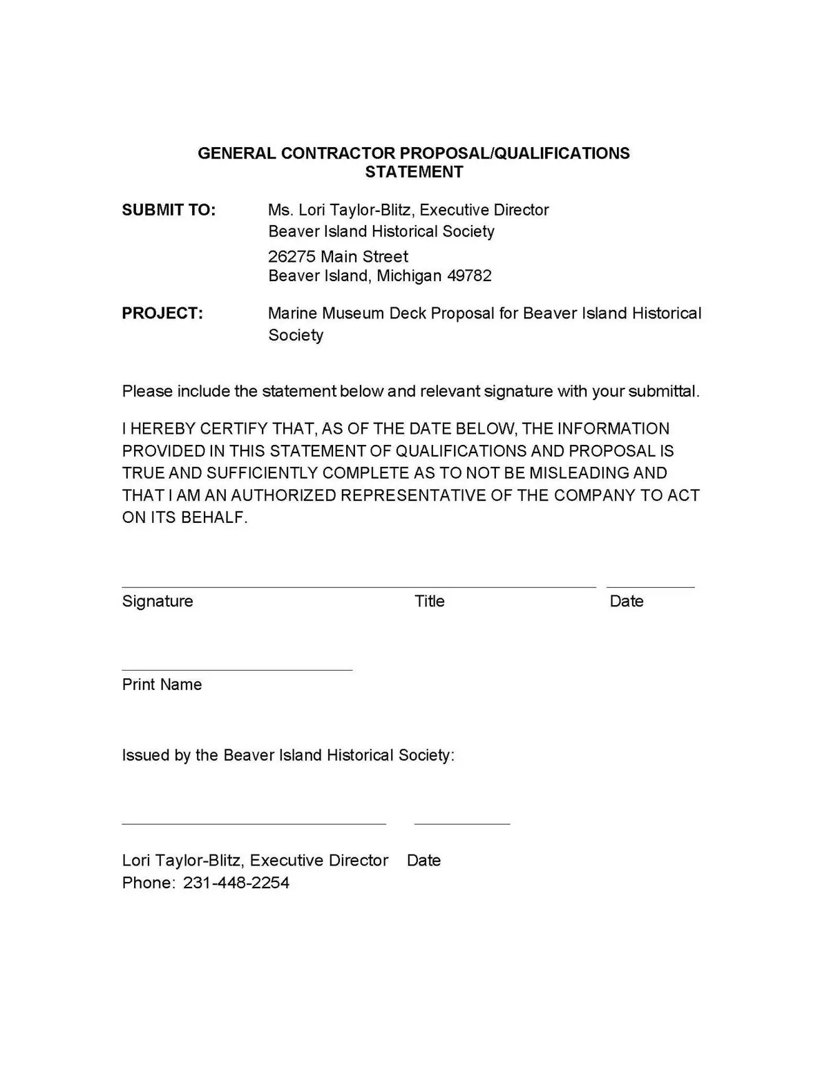 Scanned contractor proposal form with certification text, signature lines, and project information.