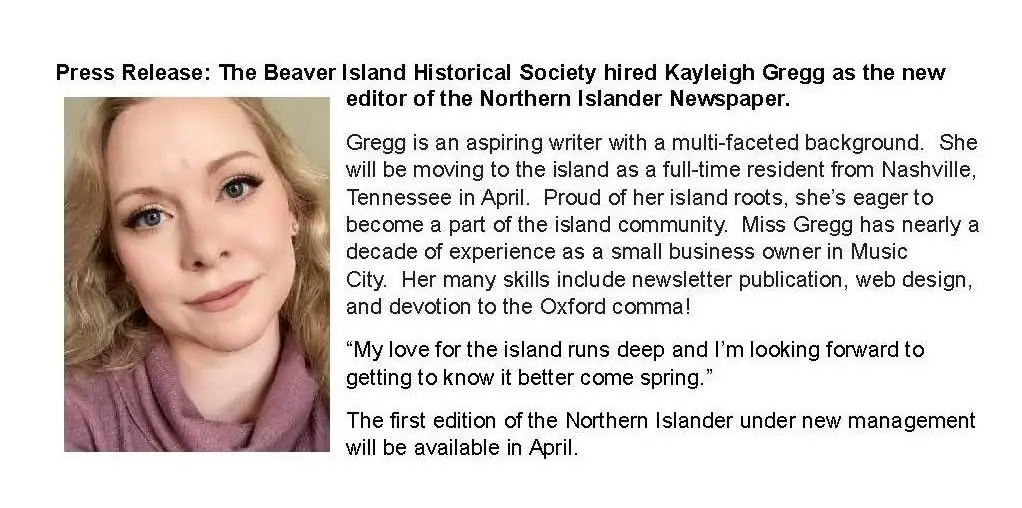 A graphic announcement with a woman's portrait and a press release about a newspaper editor.